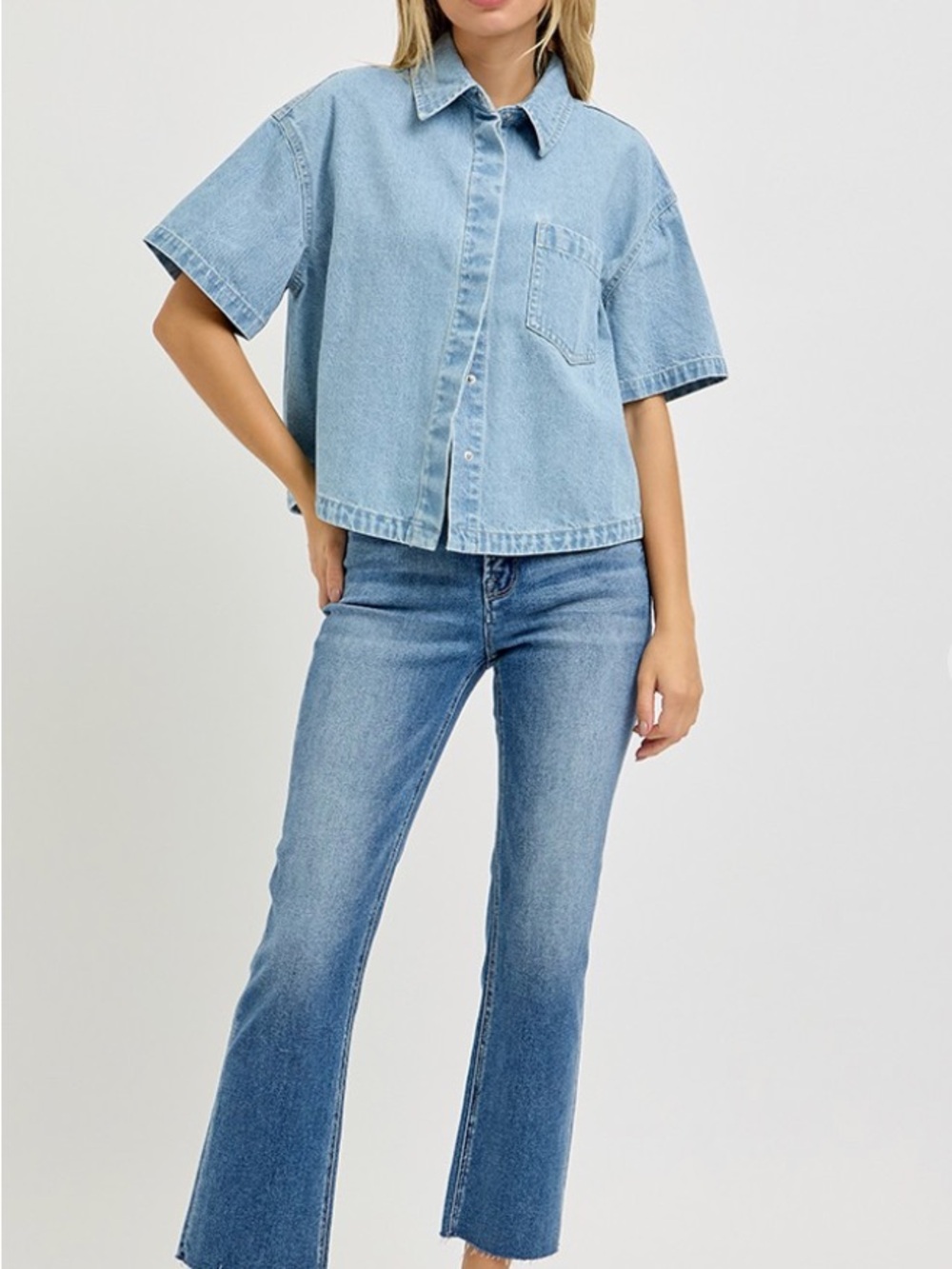 Light Blue Denim Short-Sleeve Button-Front Shirt - Picture 4 of 8